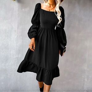 Size Small Women’s Black Midi Dress Double Puff Sleeves A-line See Size Guide
